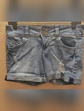 Light Blue Distressed Denim Shorts - Women's Casual Roll-Cuff